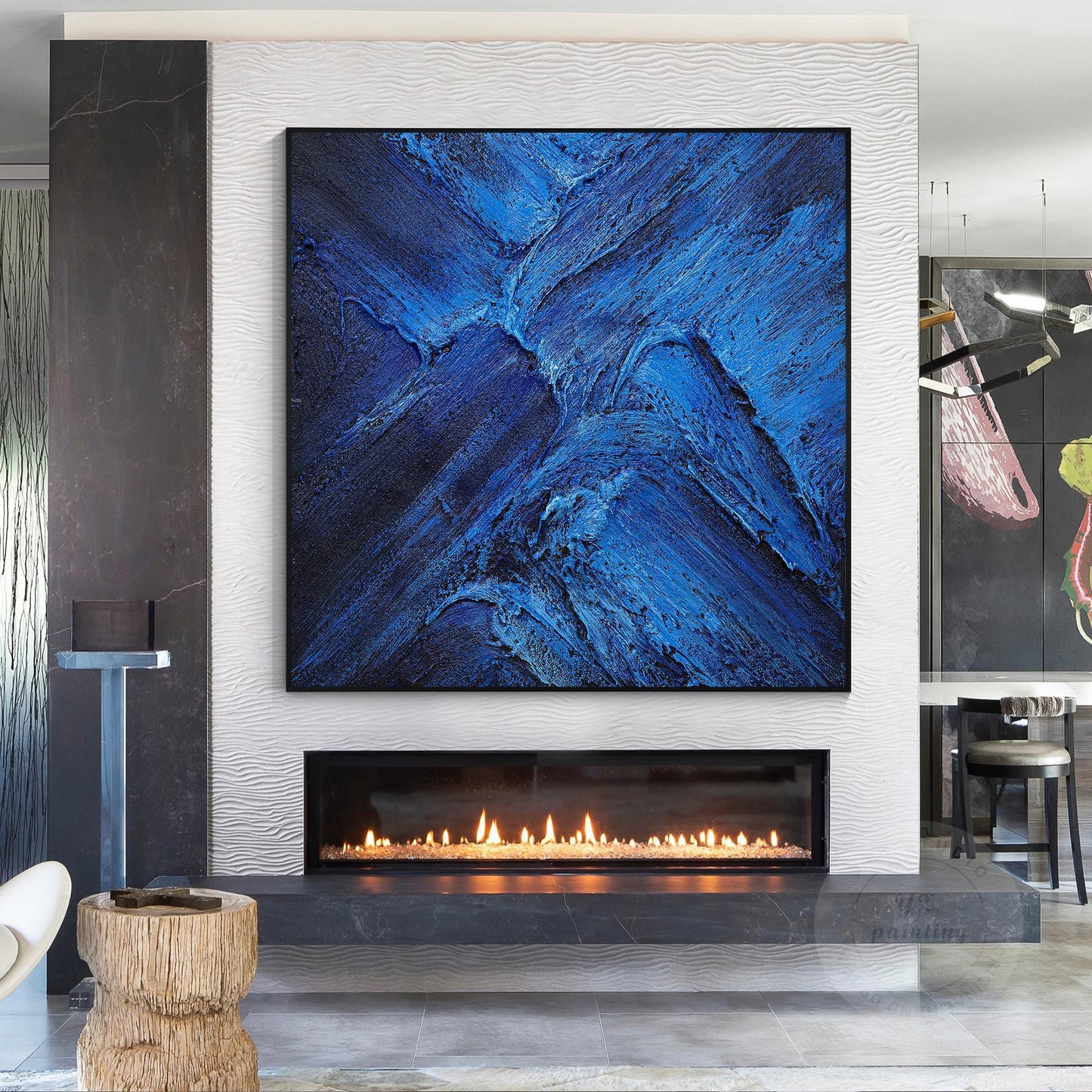 Blue Abstract Textured Painting: Flowing Water Canvas Wall Art #1