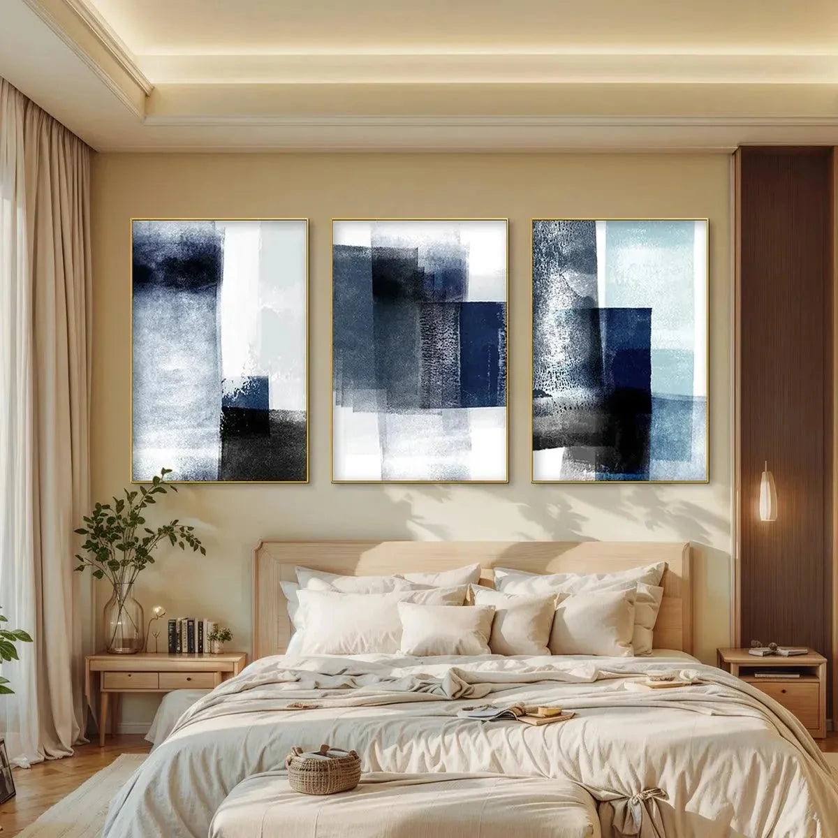 BLUE ABSTRACT TRIPTYCH: Abstract Painting Set of 3 | gold frame stretched on neutral wall