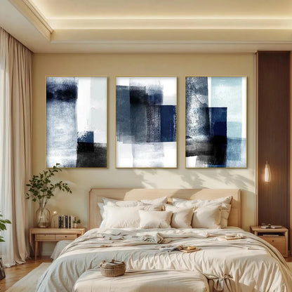 BLUE ABSTRACT TRIPTYCH: Abstract Painting Set of 3 | gold frame stretched on neutral wall