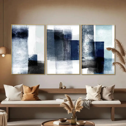 BLUE ABSTRACT TRIPTYCH: Abstract Painting Set of 3 | rolled canvas, ready for custom framing