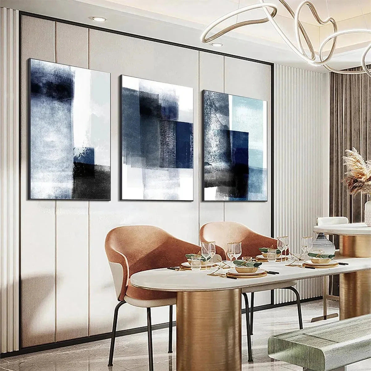 BLUE ABSTRACT TRIPTYCH: Abstract Painting Set of 3 | abstract mood, soft natural light studio shot