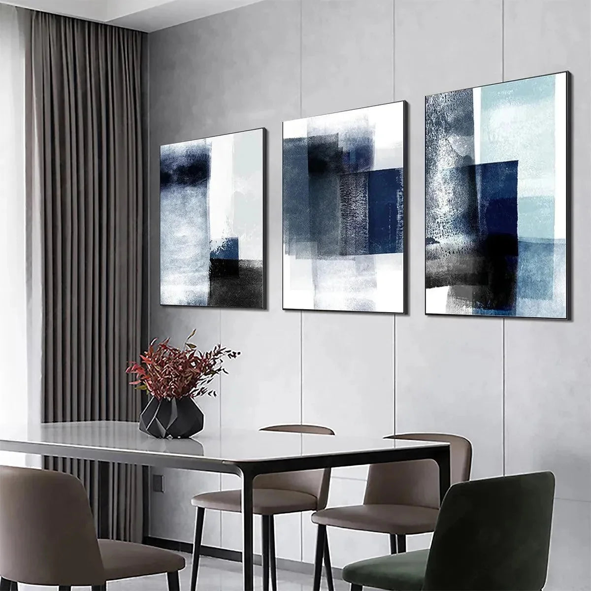 BLUE ABSTRACT TRIPTYCH: Abstract Painting Set of 3 | blue palette, original office art