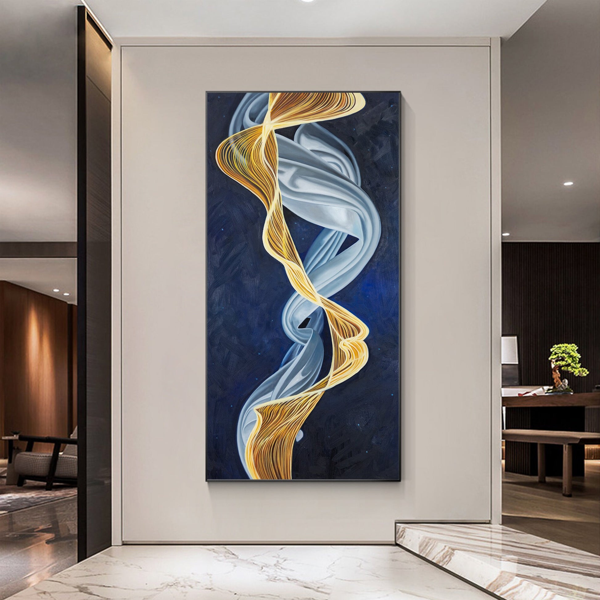 Blue and Gold Abstract Ribbon Painting: Luxury Framed Canvas Wall Art #2