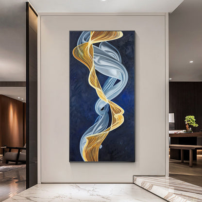 Blue and Gold Abstract Ribbon Painting: Luxury Framed Canvas Wall Art #2
