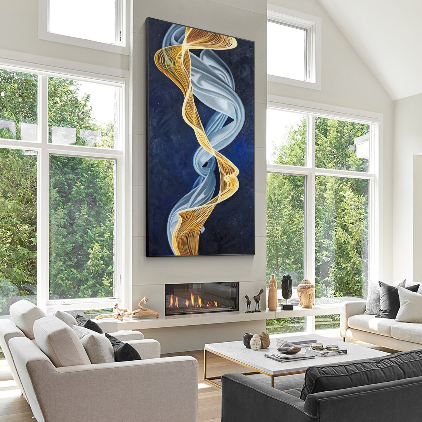Blue and Gold Abstract Ribbon Painting: Luxury Framed Canvas Wall Art #4