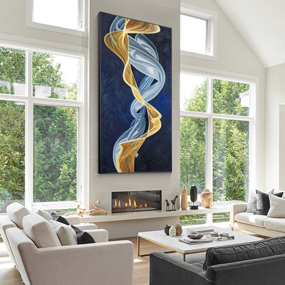 Blue and Gold Abstract Ribbon Painting: Luxury Framed Canvas Wall Art #4
