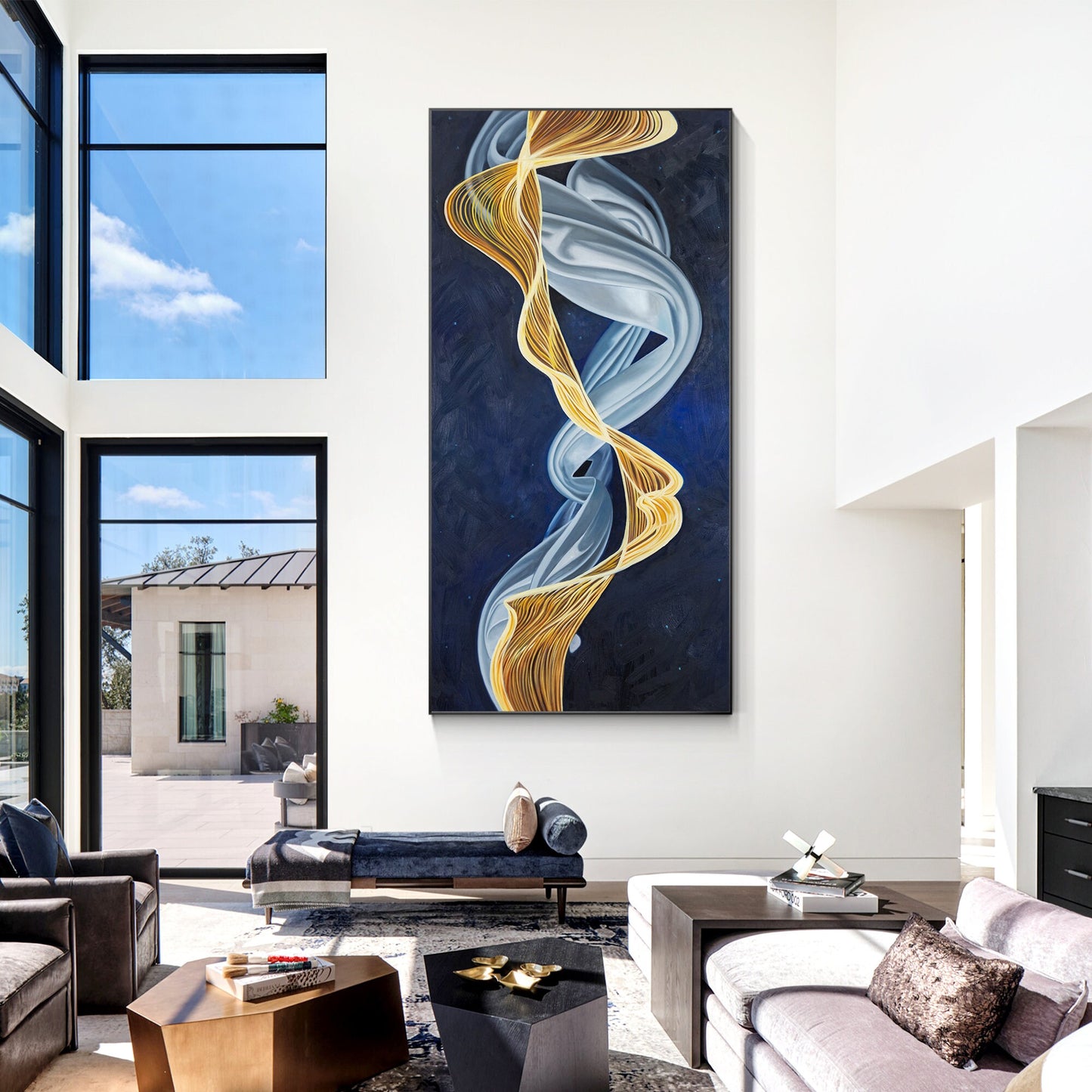 Blue and Gold Abstract Ribbon Painting: Luxury Framed Canvas Wall Art #5