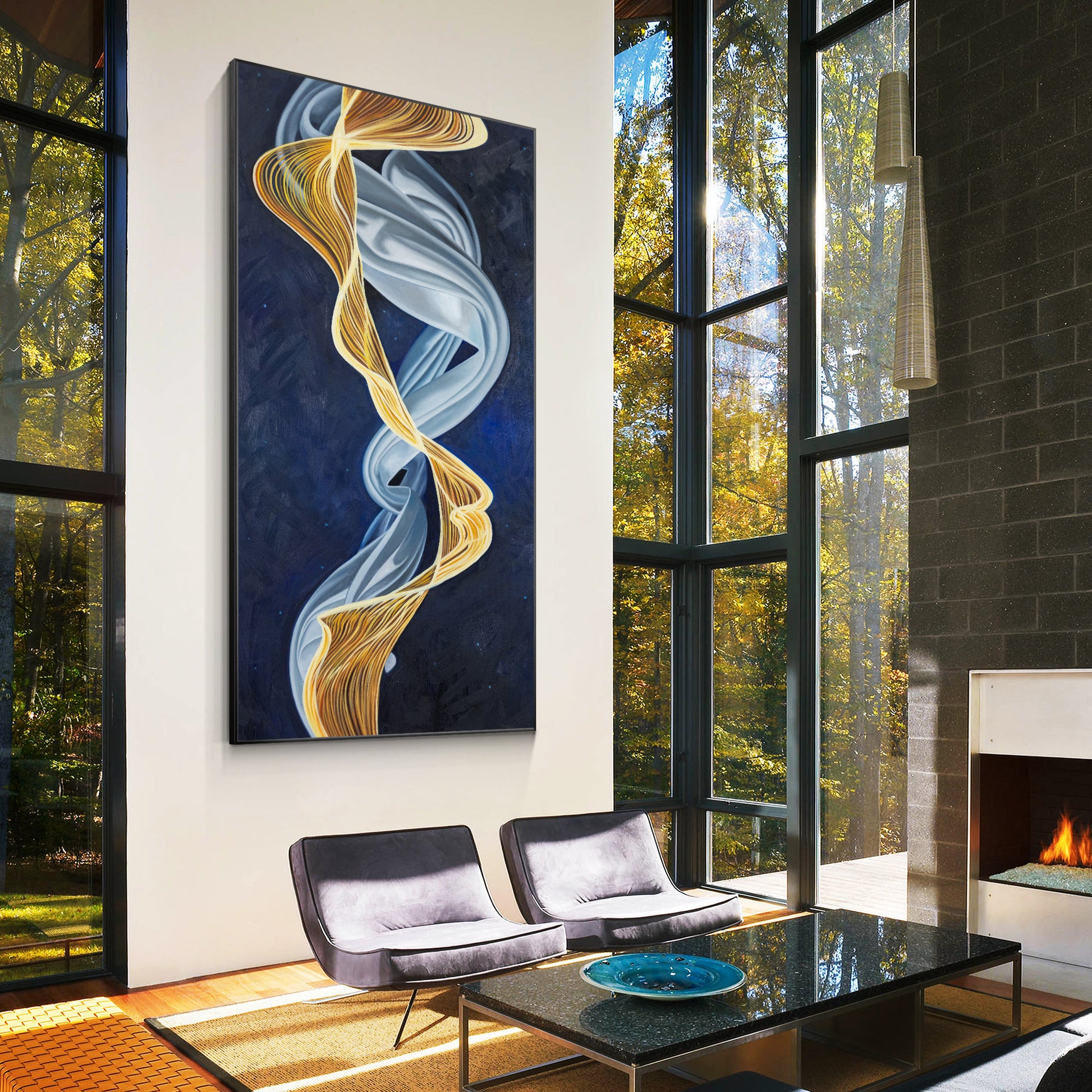 Blue and Gold Abstract Ribbon Painting: Luxury Framed Canvas Wall Art #6