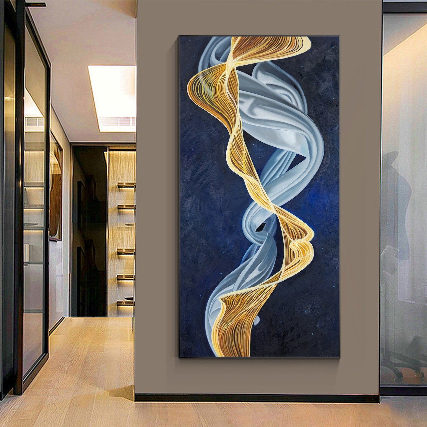 Blue and Gold Abstract Ribbon Painting: Luxury Framed Canvas Wall Art #1