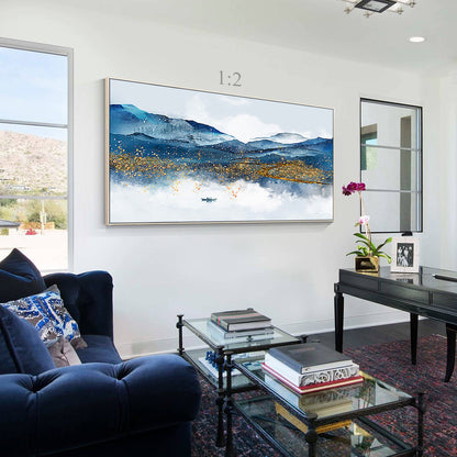 Blue and Gold Mountain Landscape Painting: Long Horizontal Canvas Wall Art #2