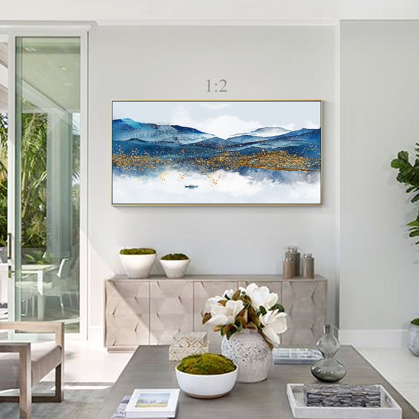 Blue and Gold Mountain Landscape Painting: Long Horizontal Canvas Wall Art #3