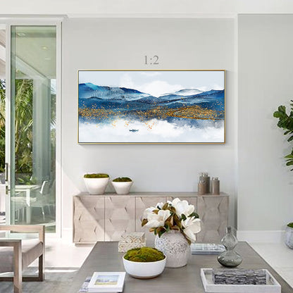 Blue and Gold Mountain Landscape Painting: Long Horizontal Canvas Wall Art #3