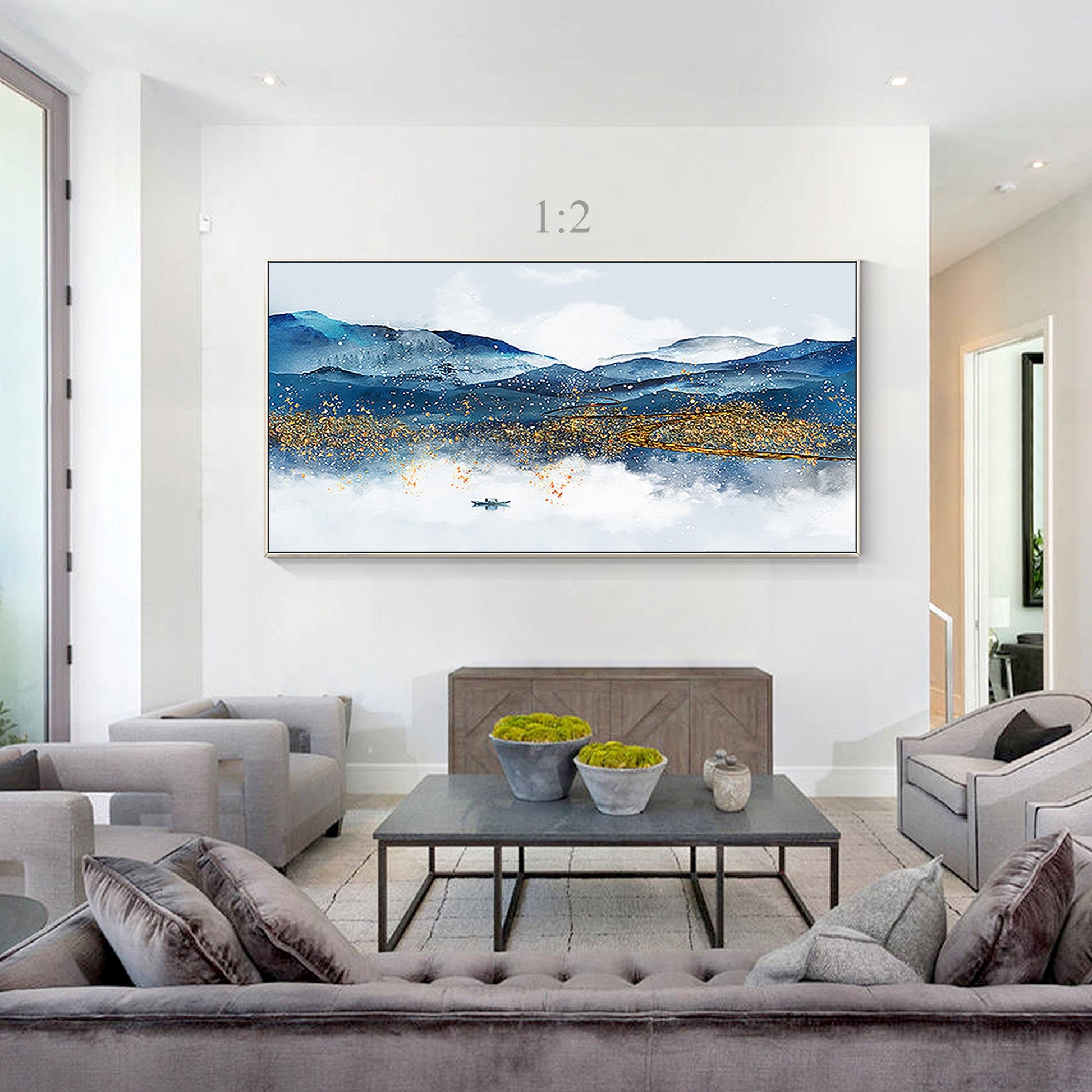 Blue and Gold Mountain Landscape Painting: Long Horizontal Canvas Wall Art #4