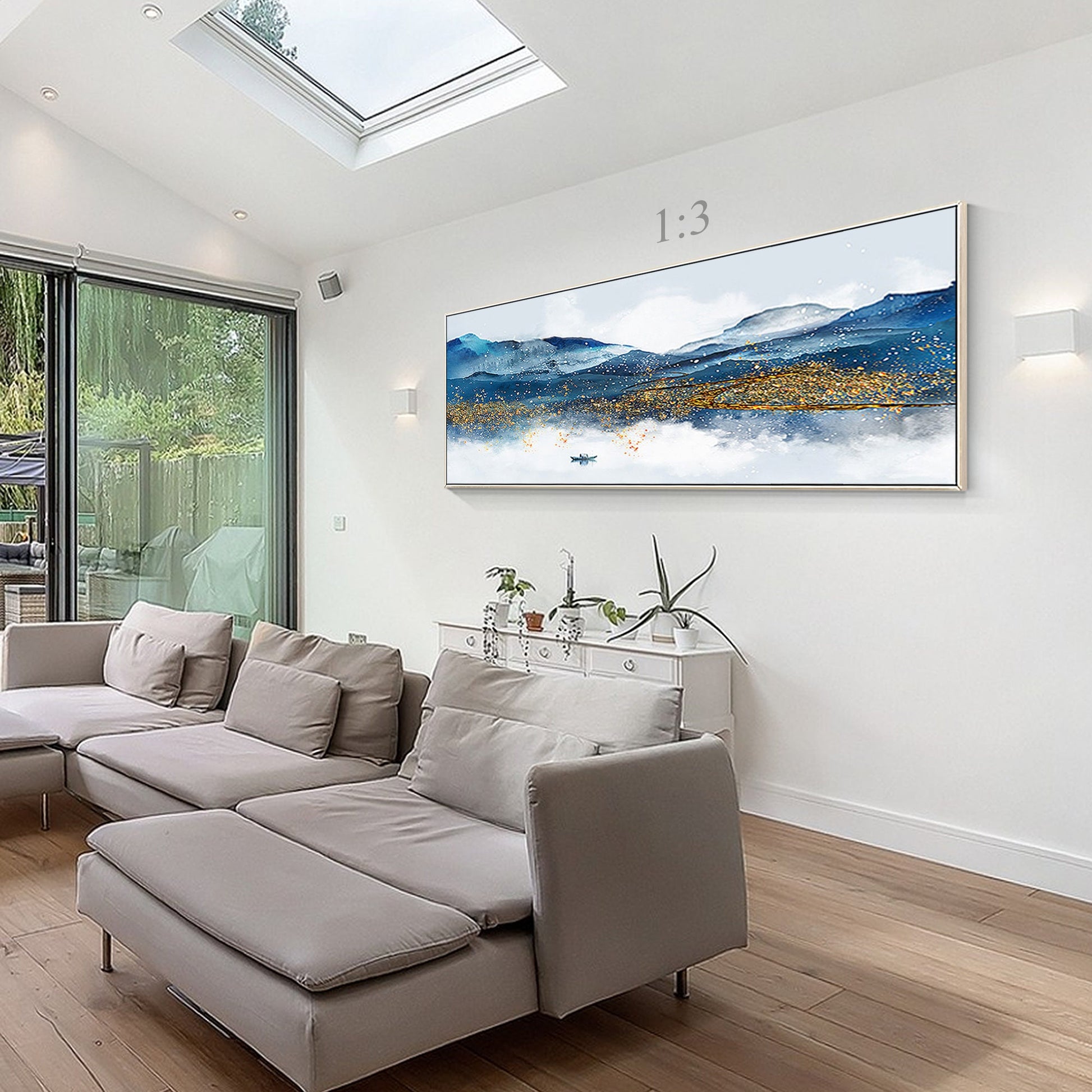 Blue and Gold Mountain Landscape Painting: Long Horizontal Canvas Wall Art #5