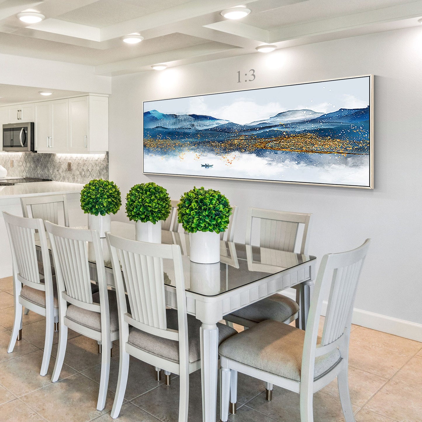 Blue and Gold Mountain Landscape Painting: Long Horizontal Canvas Wall Art #6