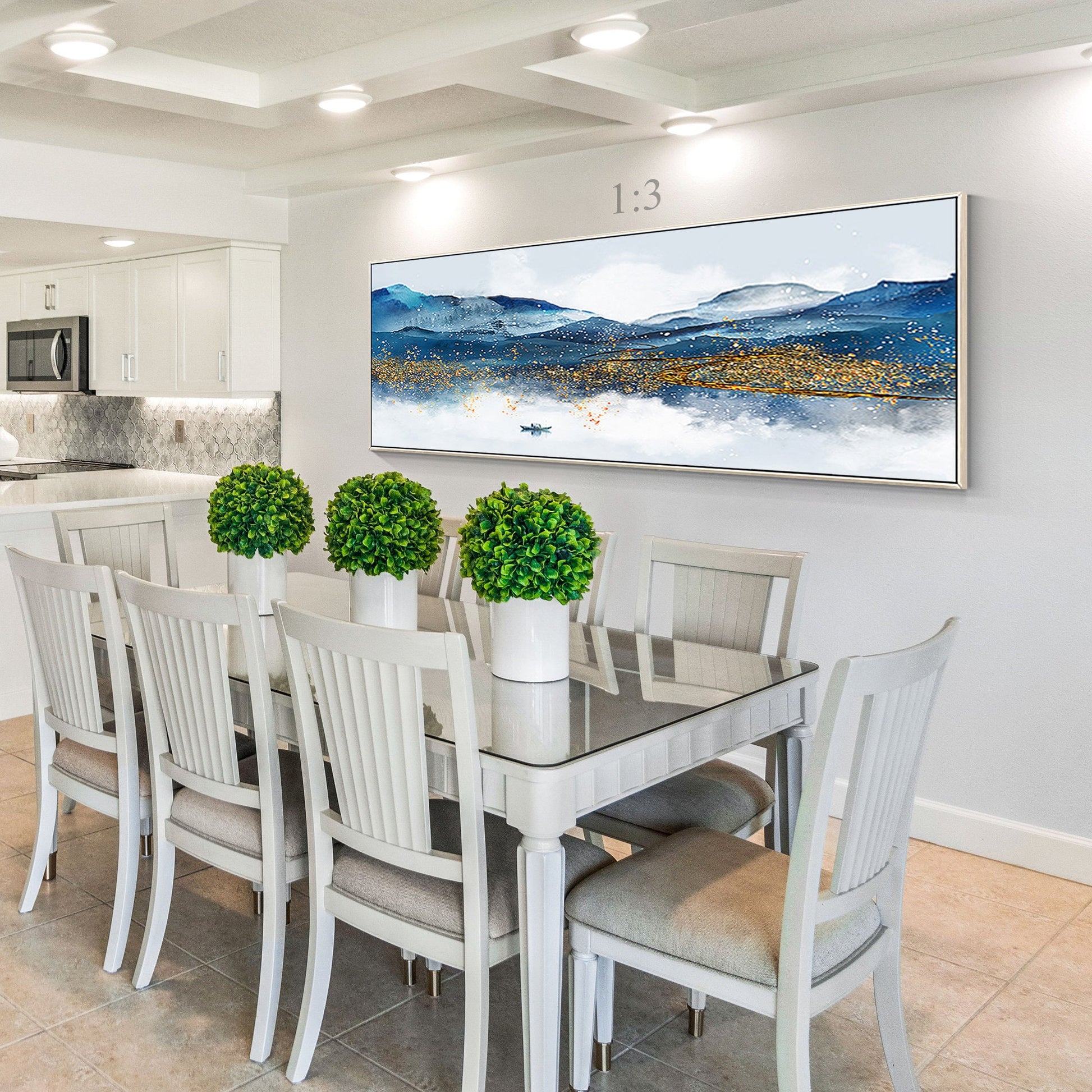 Blue and Gold Mountain Landscape Painting: Long Horizontal Canvas Wall Art #6