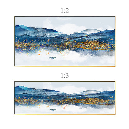 Blue and Gold Mountain Landscape Painting: Long Horizontal Canvas Wall Art #8