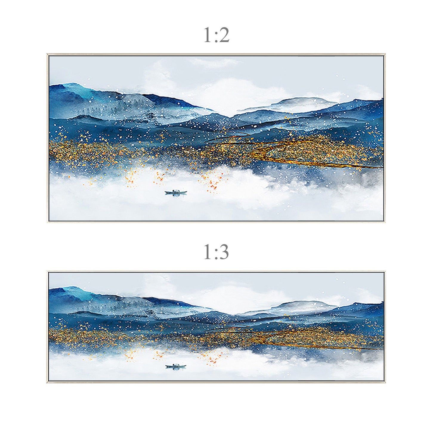 Blue and Gold Mountain Landscape Painting: Long Horizontal Canvas Wall Art #9
