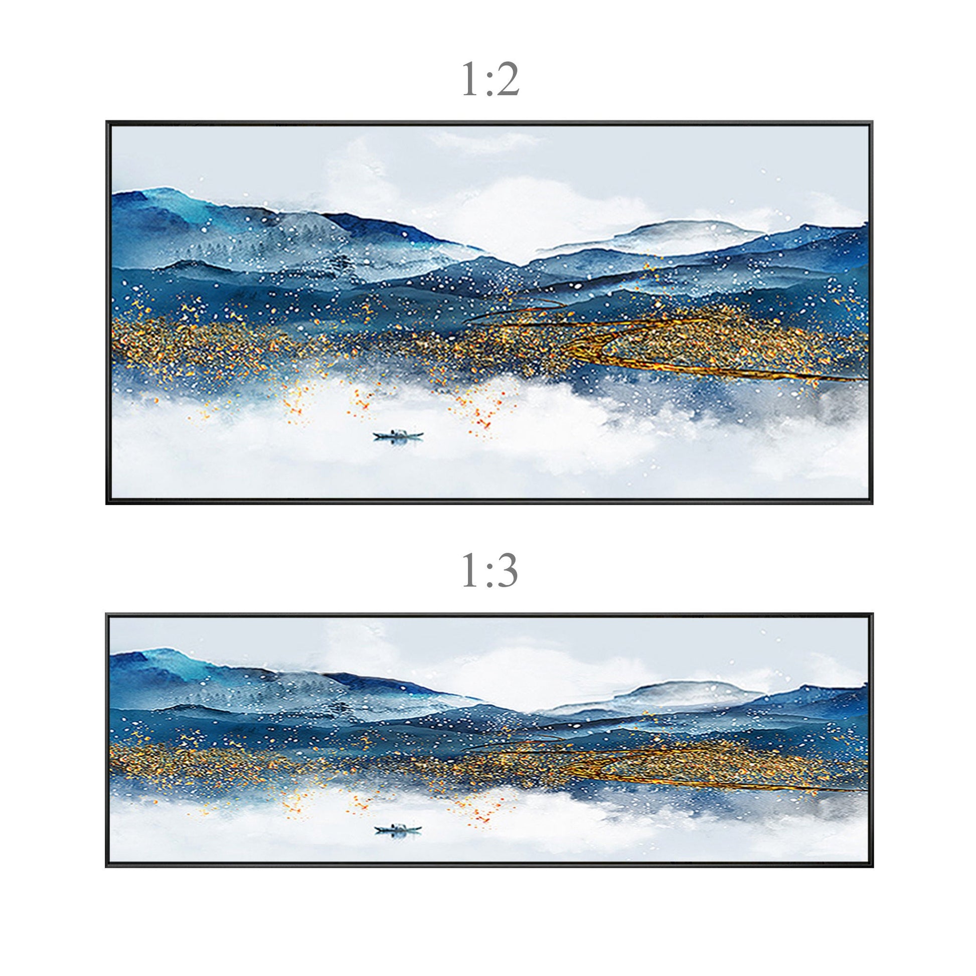 Blue and Gold Mountain Landscape Painting: Long Horizontal Canvas Wall Art #10