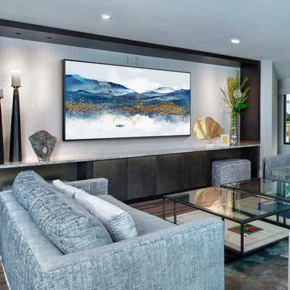 Blue and Gold Mountain Landscape Painting: Long Horizontal Canvas Wall Art #1