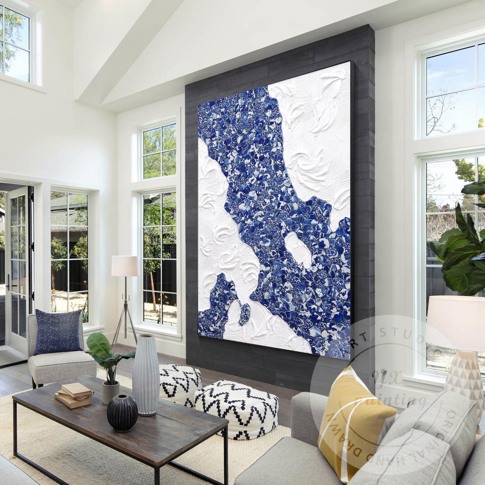 Blue and White Porcelain Mosaic Wall Art, Abstract Ceramic Collage Canvas, Moder #2