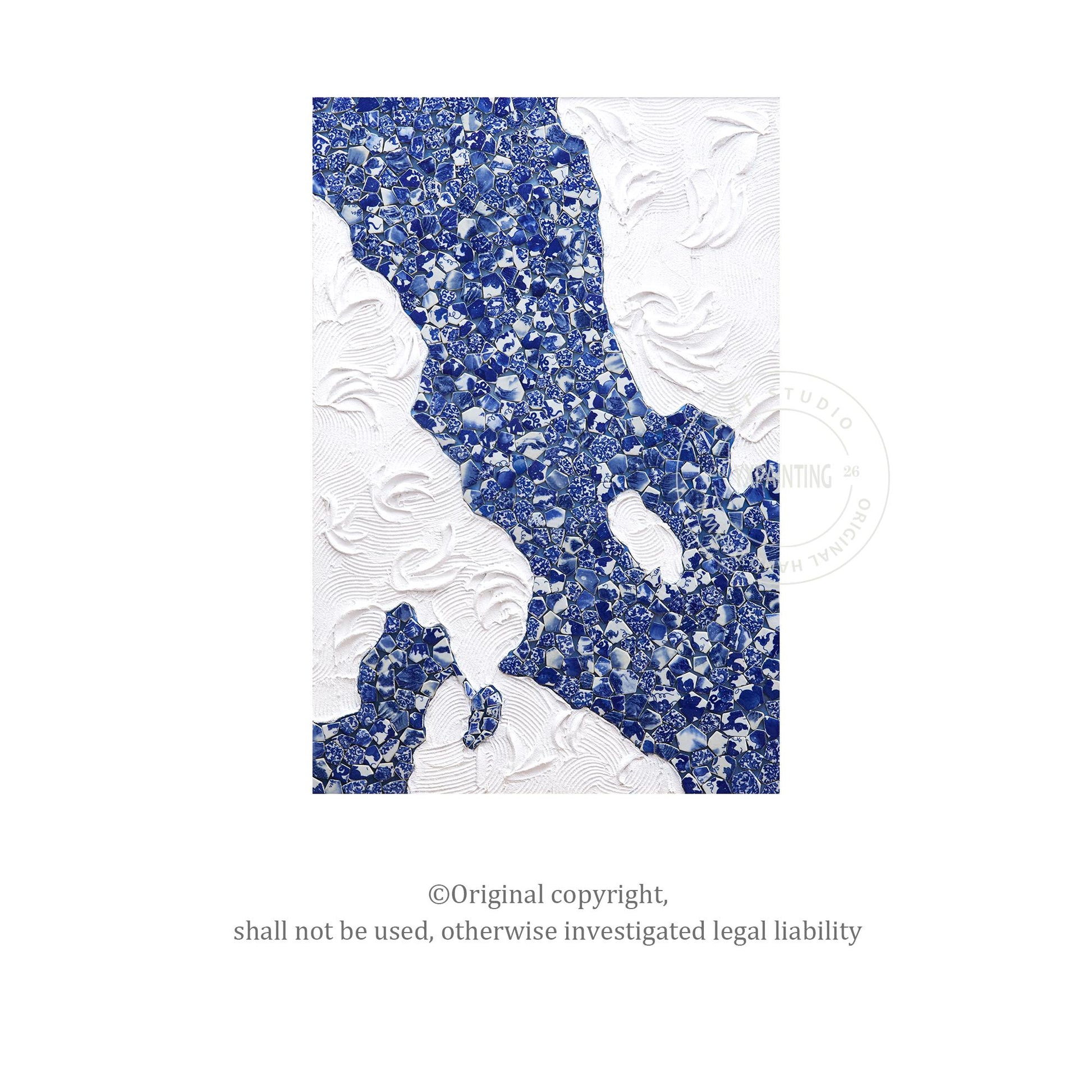 Blue and White Porcelain Mosaic Wall Art, Abstract Ceramic Collage Canvas, Moder #13