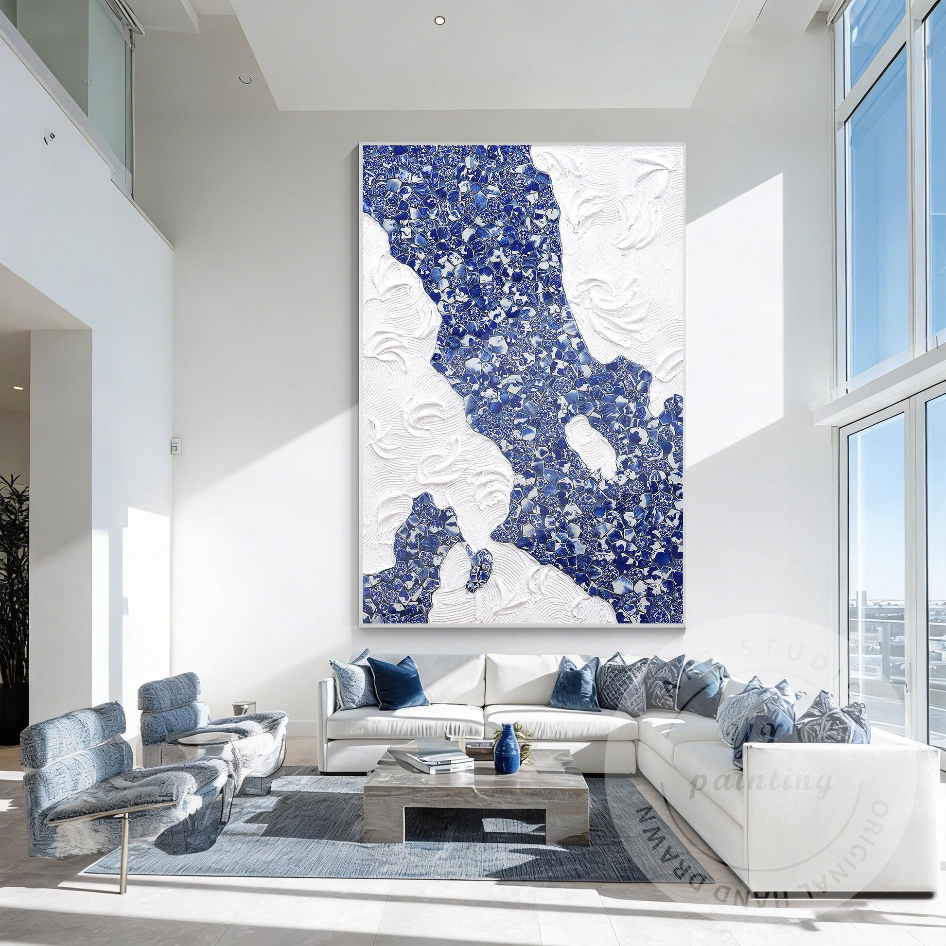Blue and White Porcelain Mosaic Wall Art, Abstract Ceramic Collage Canvas, Moder #3