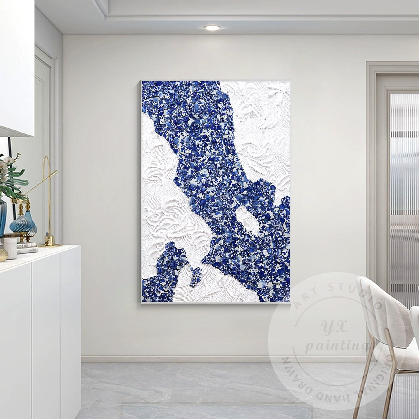 Blue and White Porcelain Mosaic Wall Art, Abstract Ceramic Collage Canvas, Moder #4