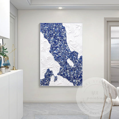 Blue and White Porcelain Mosaic Wall Art, Abstract Ceramic Collage Canvas, Moder #4