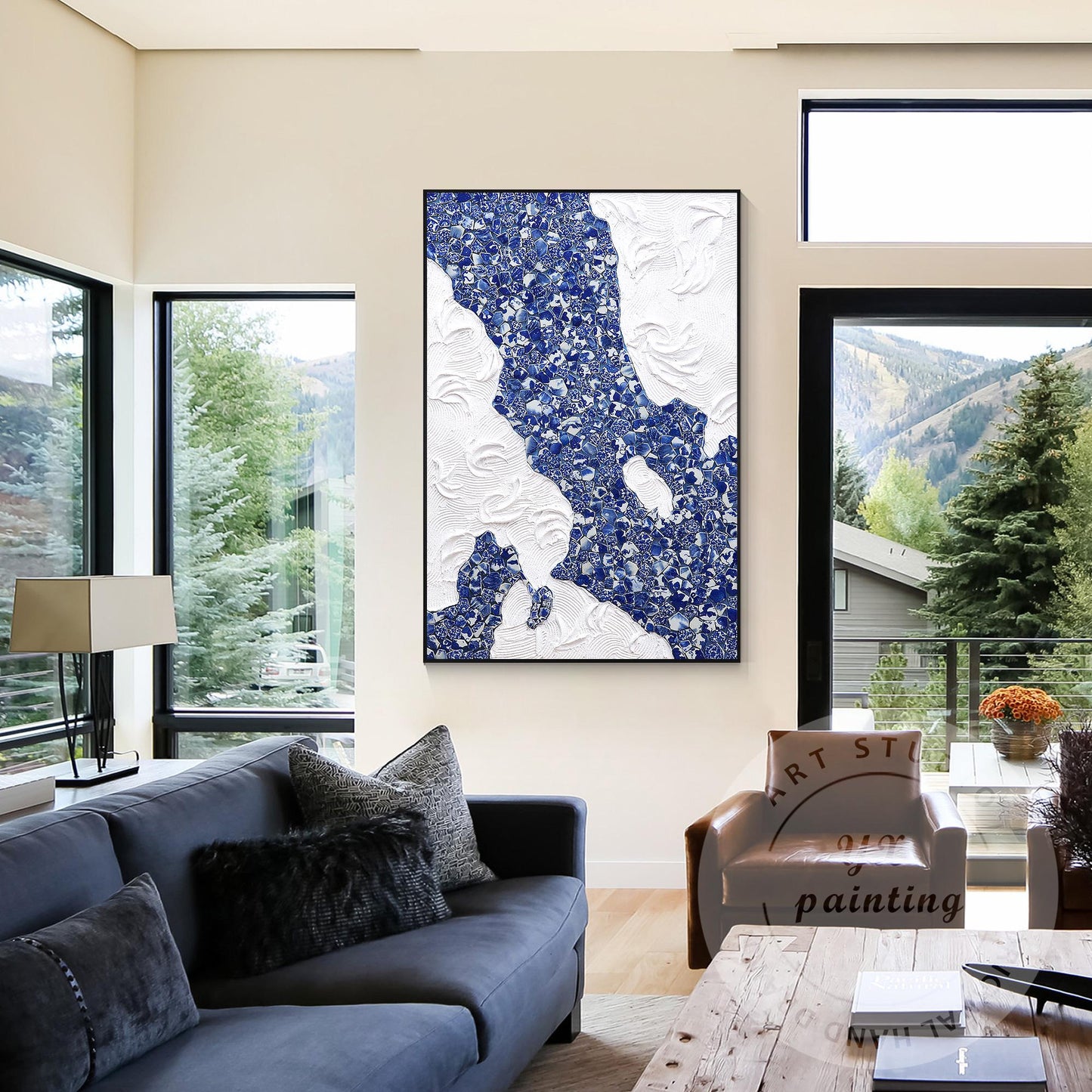 Blue and White Porcelain Mosaic Wall Art, Abstract Ceramic Collage Canvas, Moder #5