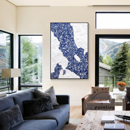 Blue and White Porcelain Mosaic Wall Art, Abstract Ceramic Collage Canvas, Moder #5