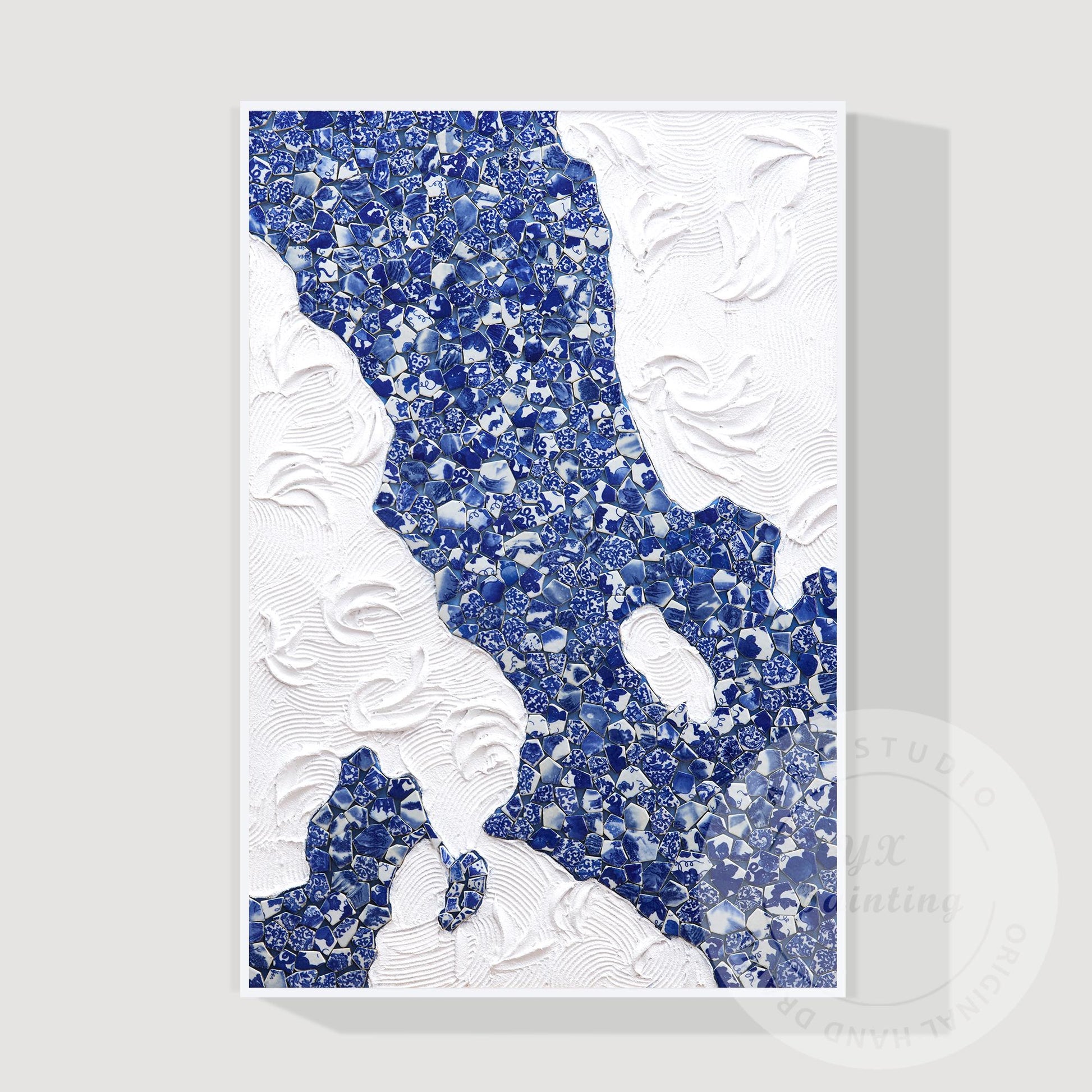 Blue and White Porcelain Mosaic Wall Art, Abstract Ceramic Collage Canvas, Moder #7