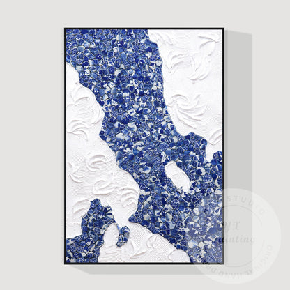 Blue and White Porcelain Mosaic Wall Art, Abstract Ceramic Collage Canvas, Moder #8