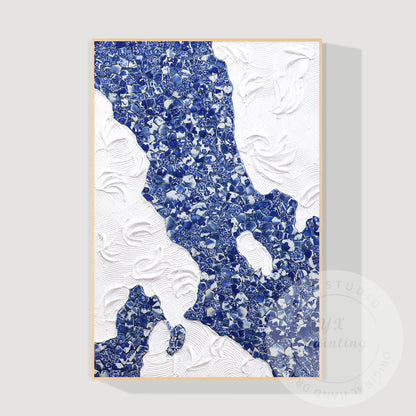 Blue and White Porcelain Mosaic Wall Art, Abstract Ceramic Collage Canvas, Moder #9