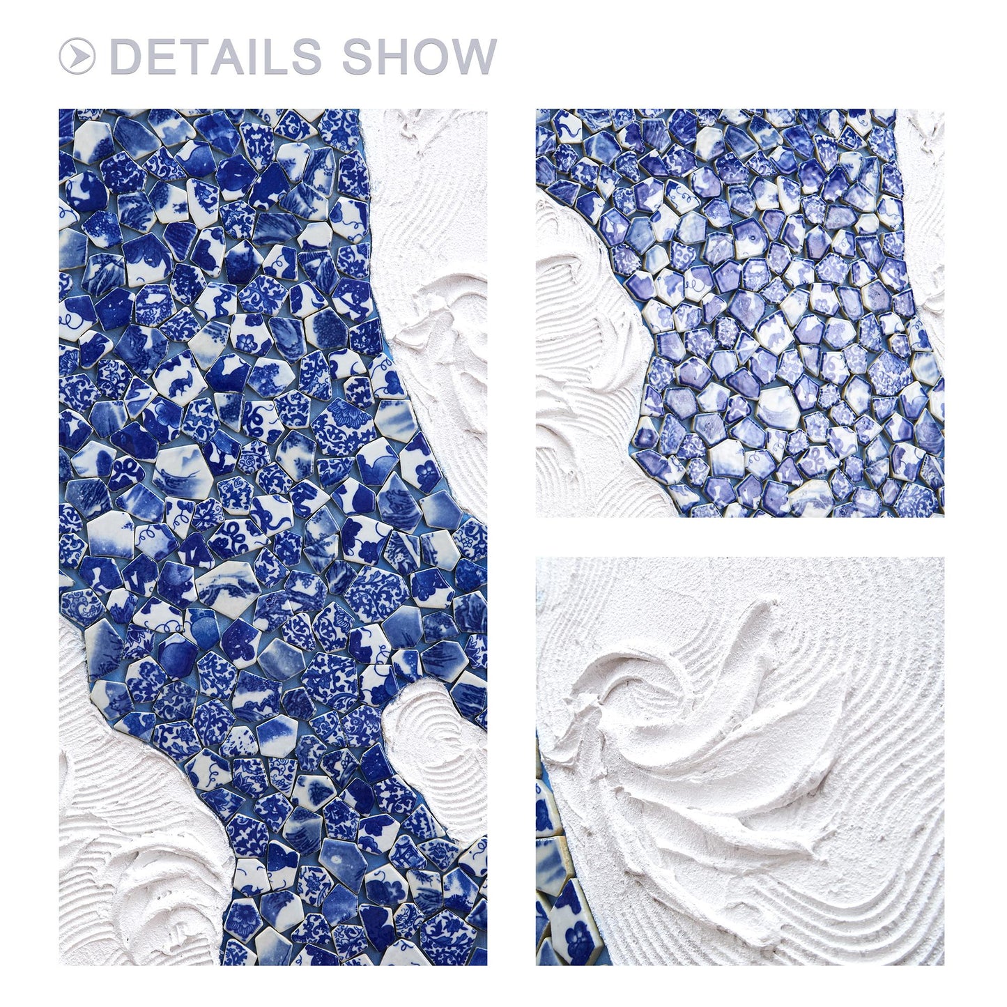 Blue and White Porcelain Mosaic Wall Art, Abstract Ceramic Collage Canvas, Moder #10