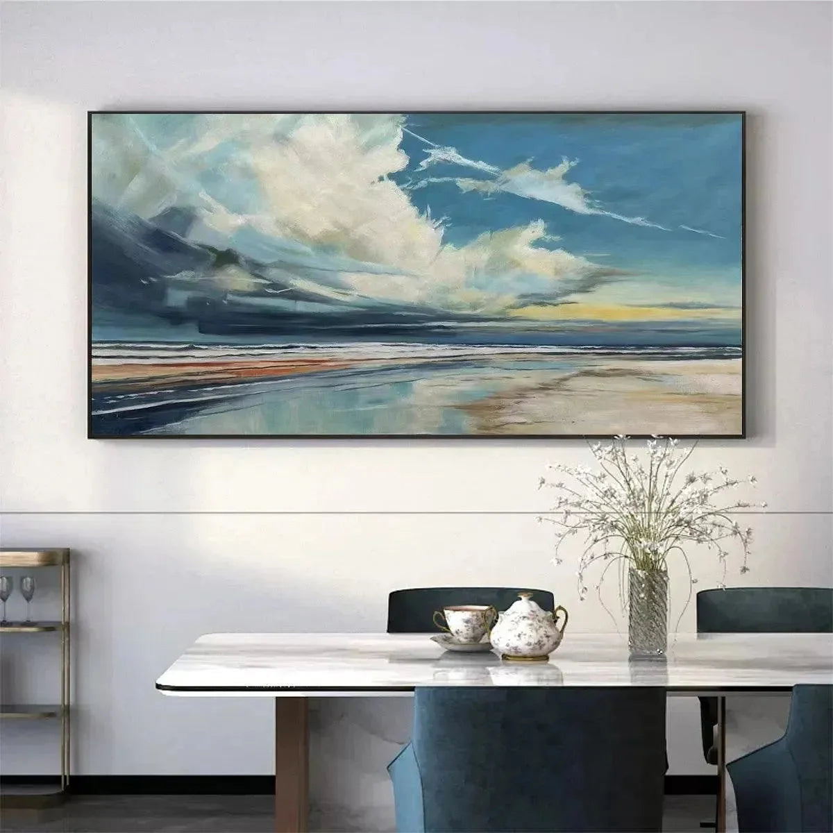 Blue Beachscape Oil Painting - Serene Coastal Decor | textured closeup, raised brushwork detail