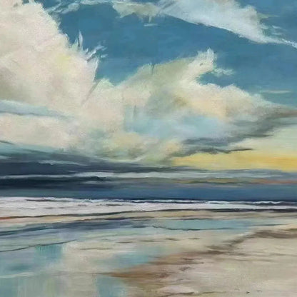 Blue Beachscape Oil Painting - Serene Coastal Decor | rectangular format, hand-painted canvas edge