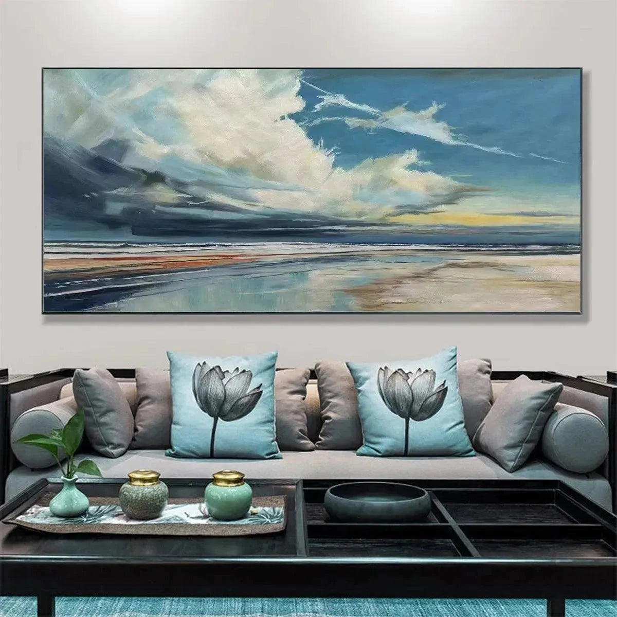 Blue Beachscape Oil Painting - Serene Coastal Decor | gold frame stretched on neutral wall