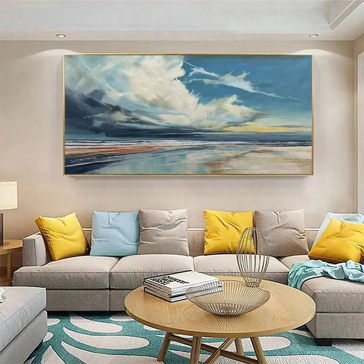 Blue Beachscape Oil Painting - Serene Coastal Decor | black frame version on white wall