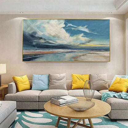 Blue Beachscape Oil Painting - Serene Coastal Decor | black frame version on white wall