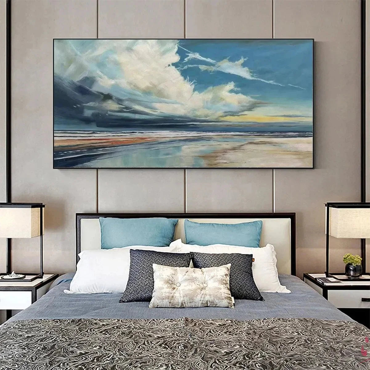 Blue Beachscape Oil Painting - Serene Coastal Decor | textured mood, soft natural light studio shot