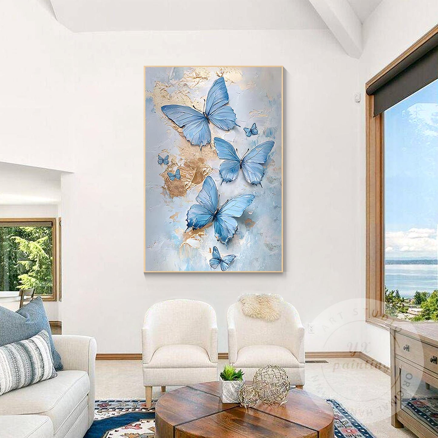 Blue Butterfly Abstract Painting on Canvas, Textured Original Artwork, Extra Lar #2