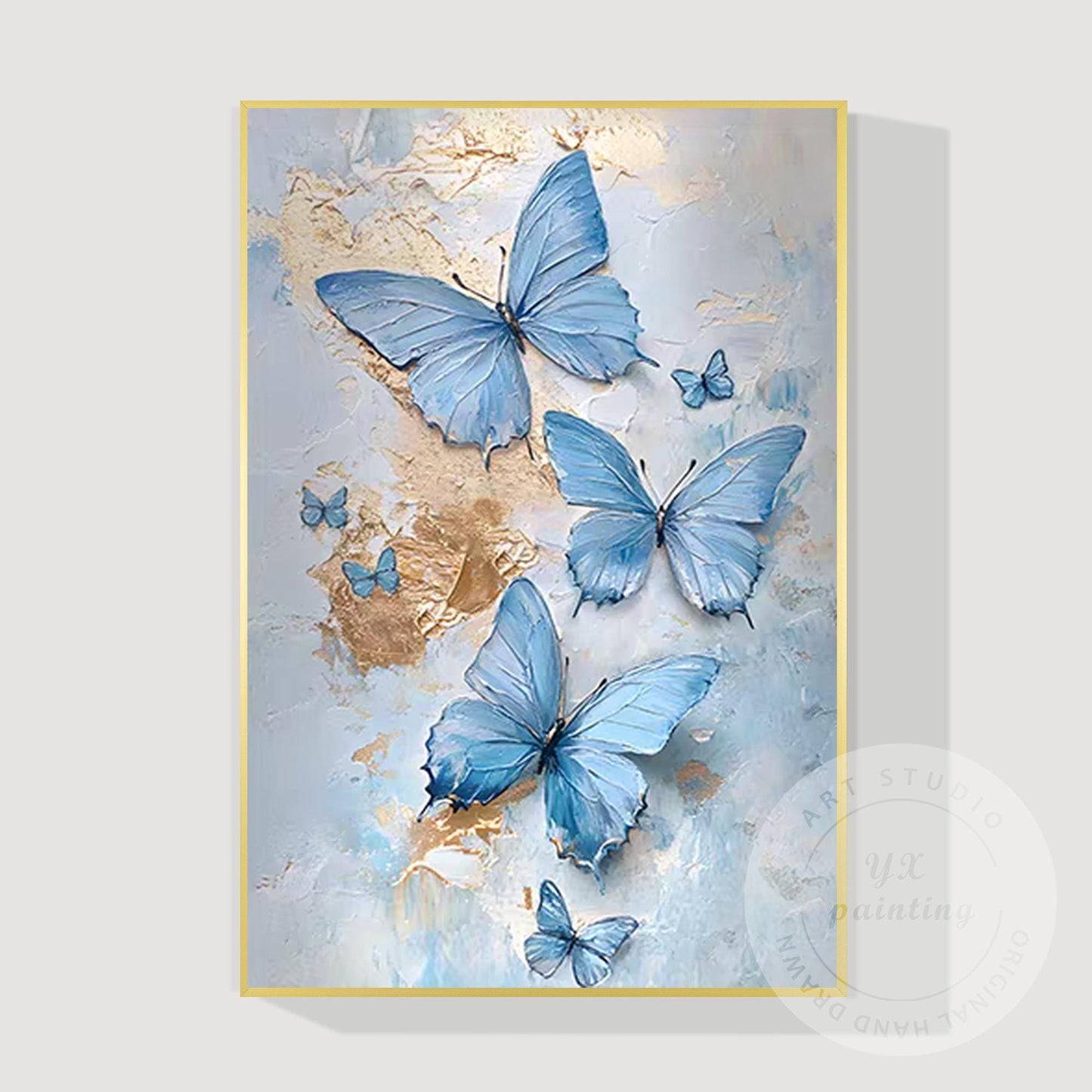 Blue Butterfly Abstract Painting on Canvas, Textured Original Artwork, Extra Lar #12