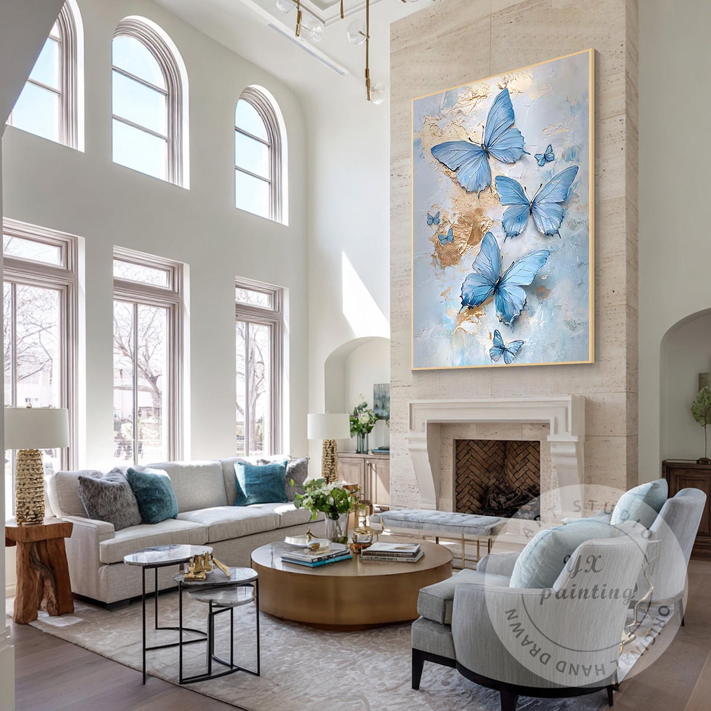 Blue Butterfly Abstract Painting on Canvas, Textured Original Artwork, Extra Lar #3