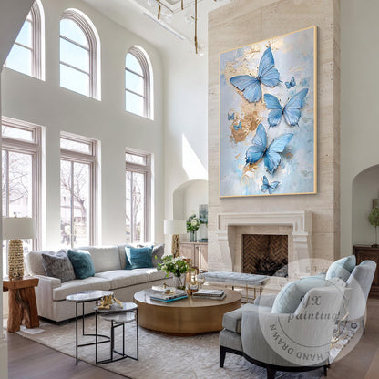Blue Butterfly Abstract Painting on Canvas, Textured Original Artwork, Extra Lar #3