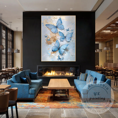 Blue Butterfly Abstract Painting on Canvas, Textured Original Artwork, Extra Lar #4