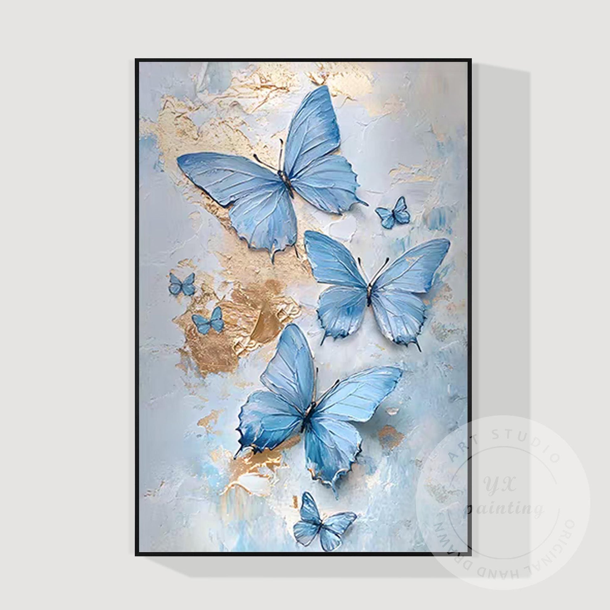 Blue Butterfly Abstract Painting on Canvas, Textured Original Artwork, Extra Lar #10