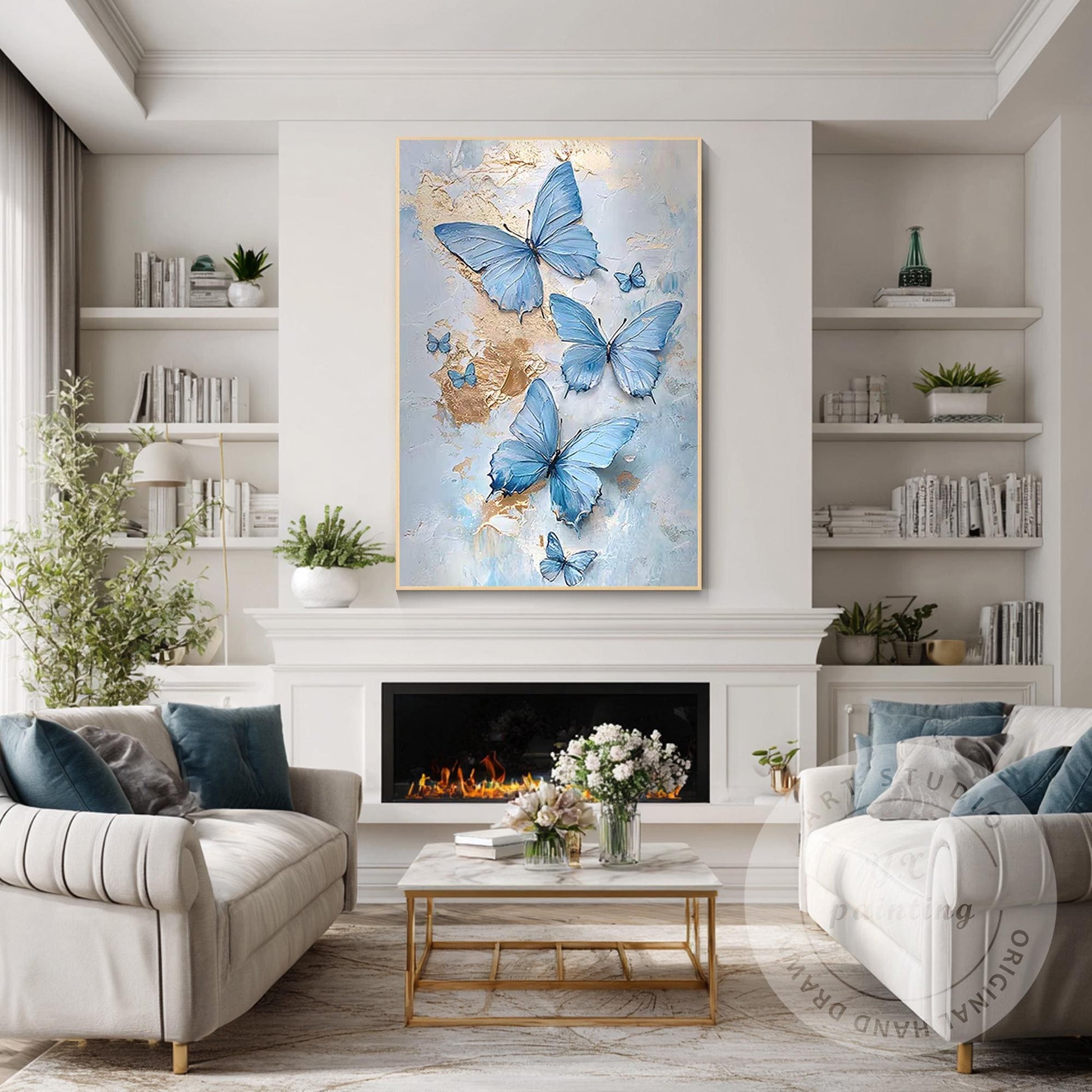 Blue Butterfly Abstract Painting on Canvas, Textured Original Artwork, Extra Lar #1
