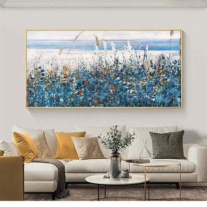 BLUE DUNES: Coastal Landscape Painting with Blue Flowers | Landscape closeup, raised brushwork detail