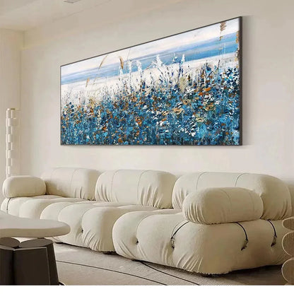 BLUE DUNES: Coastal Landscape Painting with Blue Flowers | gold frame stretched on neutral wall